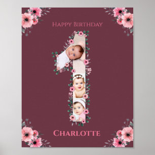 Big 1st Birthday Girl Photo Collage Pink Flower Poster