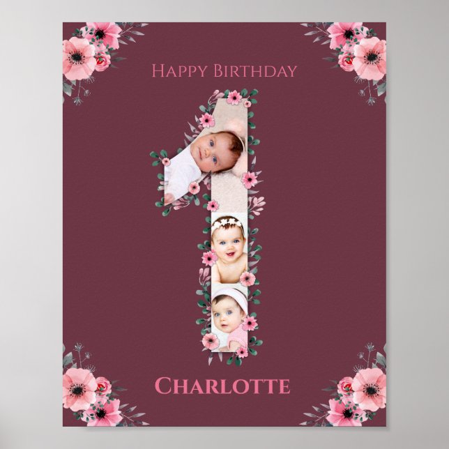 Big 1st Birthday Girl Photo Collage Pink Flower Poster (Front)