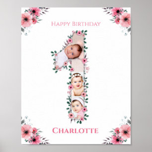 Big 1st Birthday Girl Photo Collage Pink Flower Poster