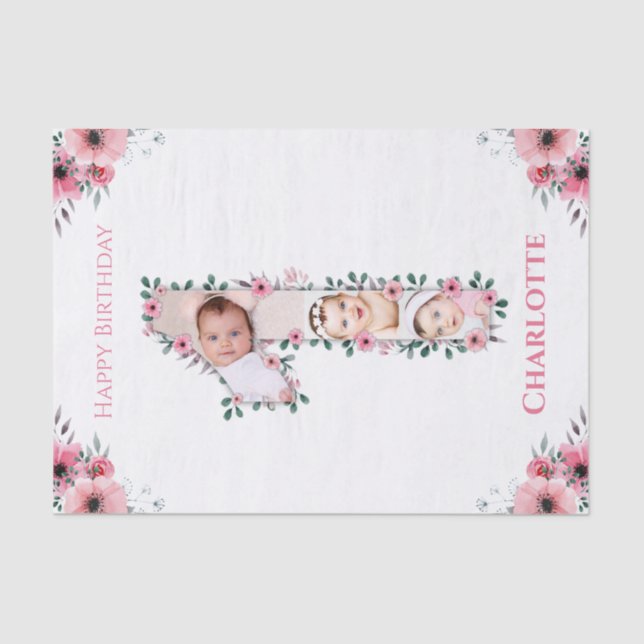 Big 1st Birthday Girl Photo Collage Pink Flower Tissue Paper (Front)