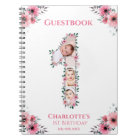 Big 1st Birthday Girl Photo Pink Flower Guest Book