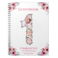 Big 1st Birthday Girl Photo Pink Flower Guest Book