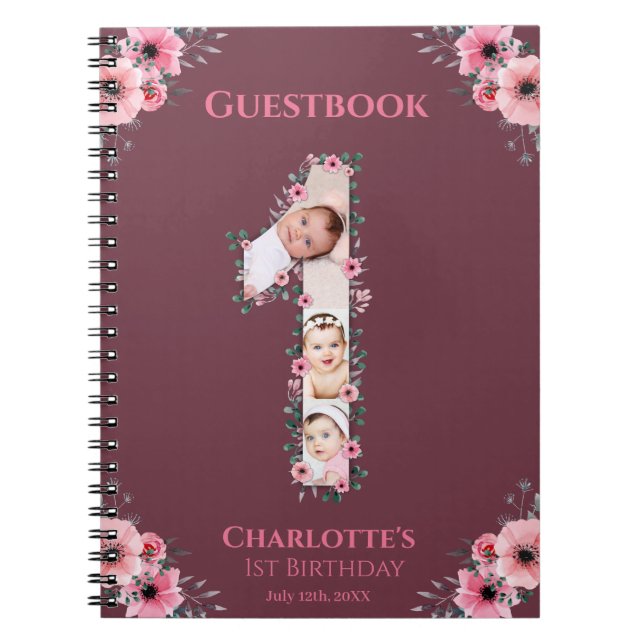 Big 1st Birthday Girl Photo Pink Flower Guest Book (Front)