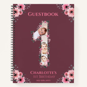 Big 1st Birthday Girl Photo Pink Flower Guest Book