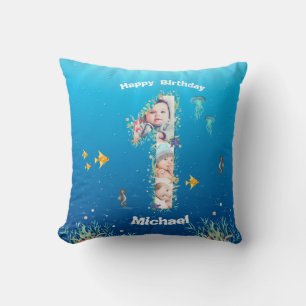 Big 1st Birthday Under The Sea Photo Collage Cushion