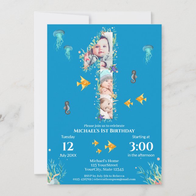 Big 1st Birthday Under The Sea Photo Collage Invitation (Front)