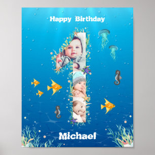 Big 1st Birthday Under The Sea Photo Collage Poster