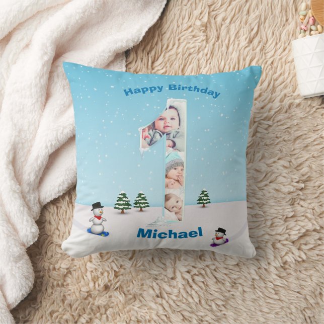 Big 1st Birthday Winter Snow Ice Photo Collage Cushion (Blanket)