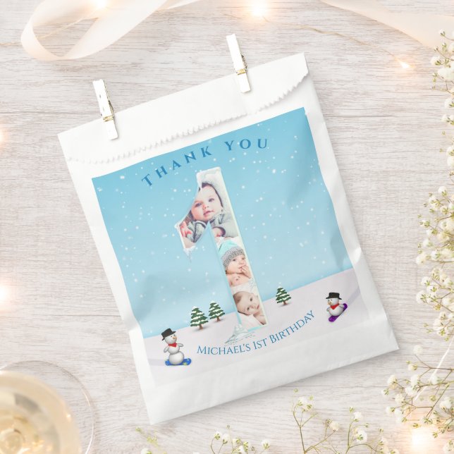 Big 1st Birthday Winter Snow Ice Photo Collage Favour Bag (Clipped)
