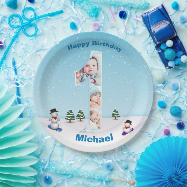 Big 1st Birthday Winter Snow Ice Photo Collage Paper Plate (Party)