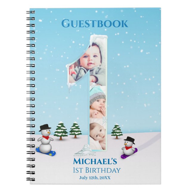 Big 1st Birthday Winter Snow Ice Photo Guest Book (Front)