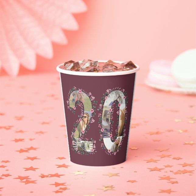 Big 20th Birthday Girl Pink Flower Photo Collage Paper Cups (Insitu)