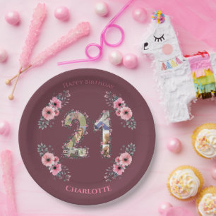 Big 21st Birthday Photo Collage Pink Flower Girl Paper Plate