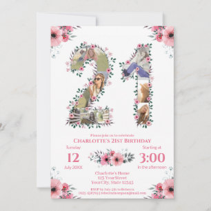 Big 21st Birthday Photo Collage Pink Flower White Invitation