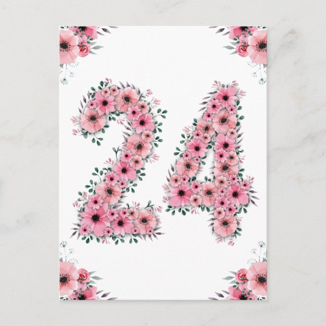 Big 24th Birthday Pink Flowers Girl Green Foliage Postcard (Front)