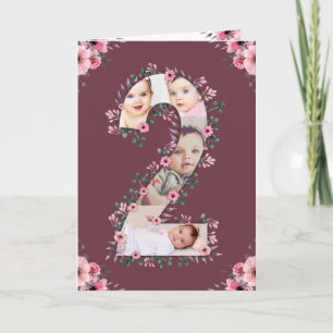 Big 2nd Birthday Girl Photo Collage Pink Flower Card