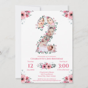 Big 2nd Birthday Girl Photo Collage Pink Flower Invitation