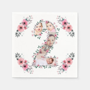 Big 2nd Birthday Girl Photo Collage Pink Flower Napkin