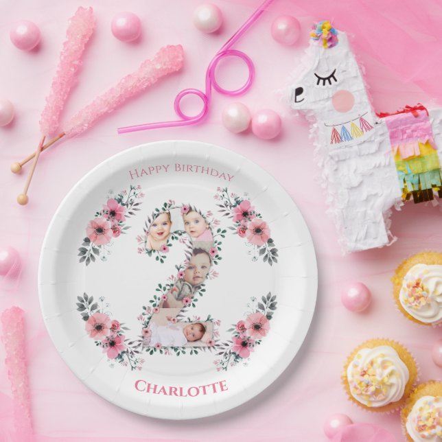 Big 2nd Birthday Girl Photo Collage Pink Flower Paper Plate (Party)