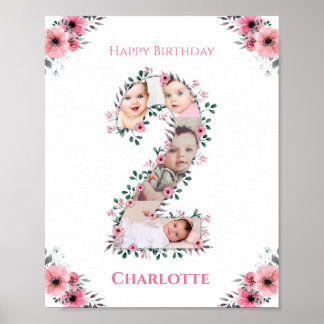 Big 2nd Birthday Girl Photo Collage Pink Flower Poster
