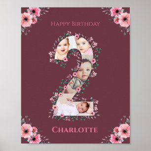 Big 2nd Birthday Girl Photo Collage Pink Flower Poster