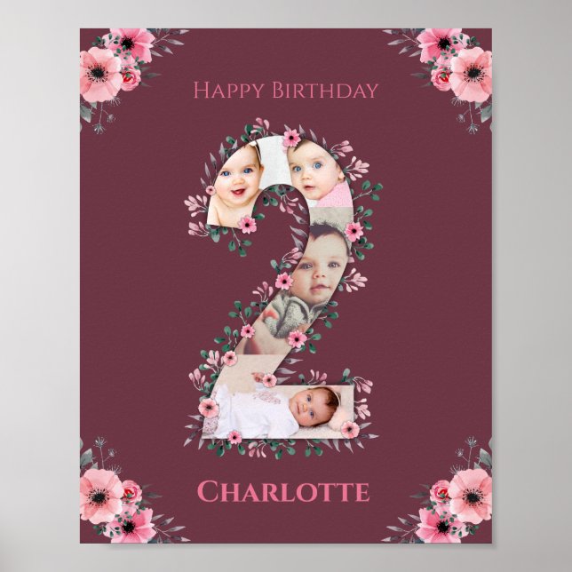 Big 2nd Birthday Girl Photo Collage Pink Flower Poster (Front)