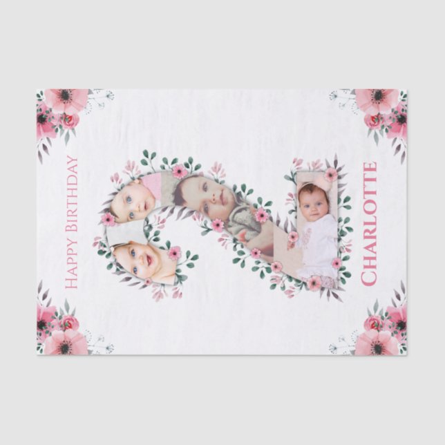 Big 2nd Birthday Girl Photo Collage Pink Flower Tissue Paper (Front)