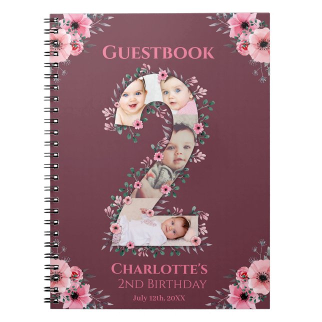Big 2nd Birthday Girl Photo Pink Flower Guest Book (Front)