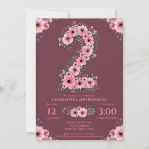 Big 2nd Birthday Pink Flowers Girl Green Foliage Invitation