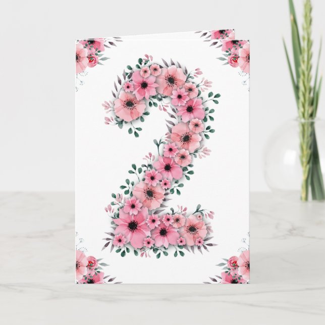 Big 2nd Birthday Pink Flowers Green Foliage Girl Card (Front)