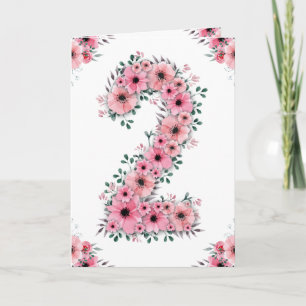 Big 2nd Birthday Pink Flowers Green Foliage Girl Card