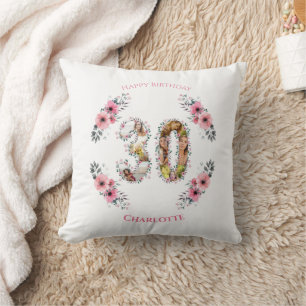 Big 30th Birthday Photo Collage Pink Flower White Cushion