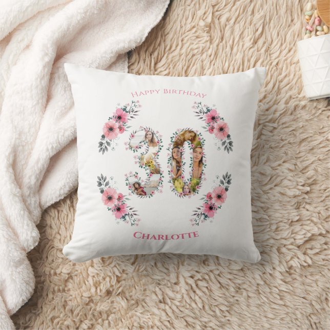 Big 30th Birthday Photo Collage Pink Flower White Cushion (Blanket)