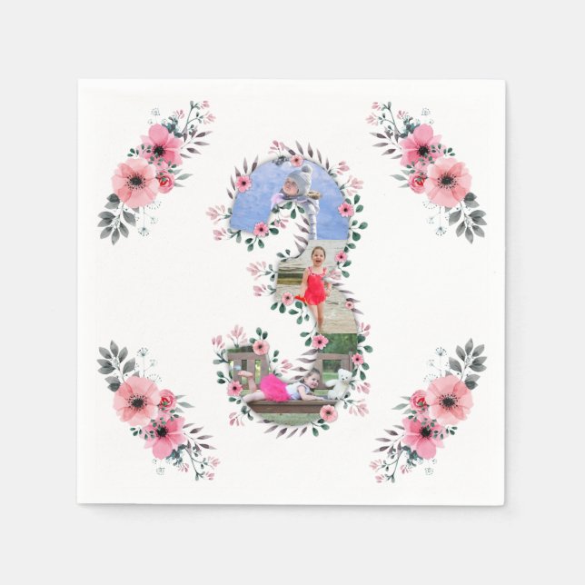 Big 3rd Birthday Girl Photo Collage Pink Flower Napkin (Front)