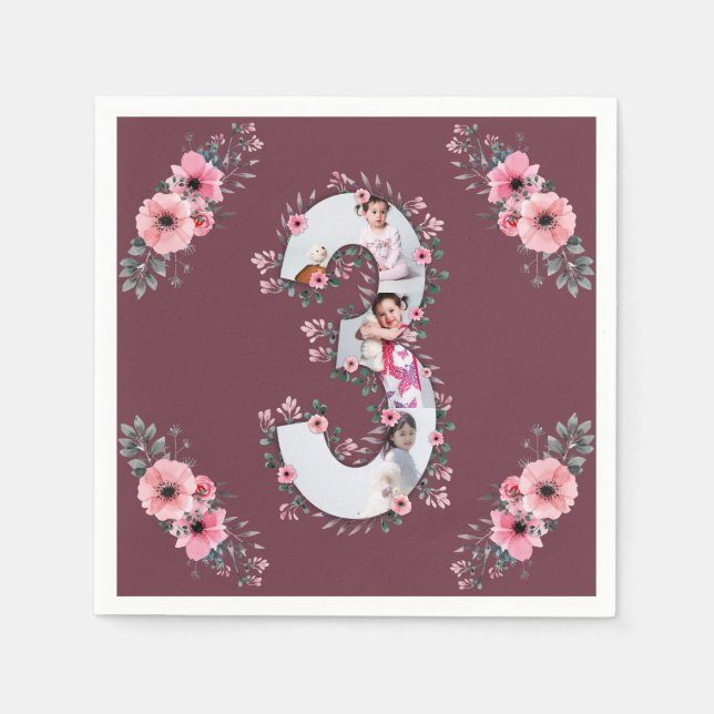 Big 3rd Birthday Girl Photo Collage Pink Flower Napkin (Front)