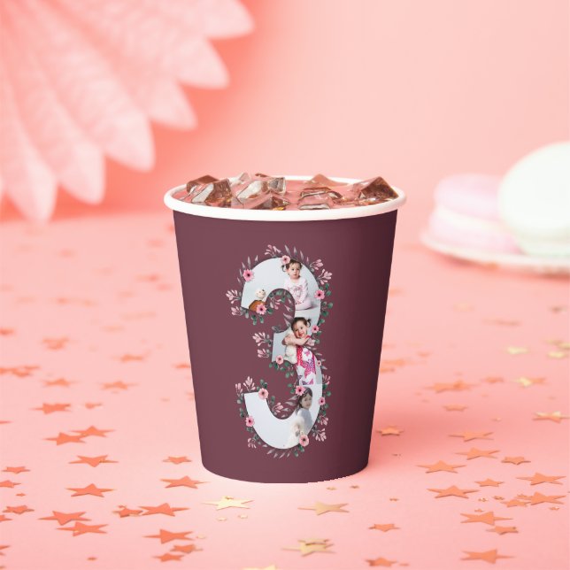 Big 3rd Birthday Girl Photo Collage Pink Flower Paper Cups (Insitu)