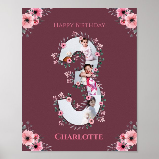 Big 3rd Birthday Girl Photo Collage Pink Flower Poster (Front)