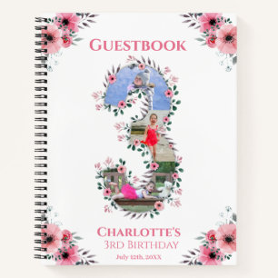 Big 3rd Birthday Girl Photo Pink Flower Guest Book