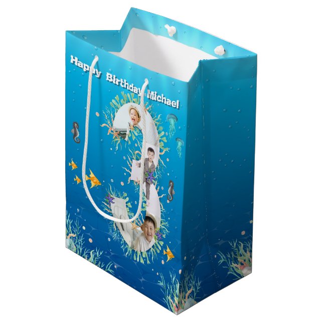 Big 3rd Birthday Photo Collage Under The Sea Medium Gift Bag (Front Angled)