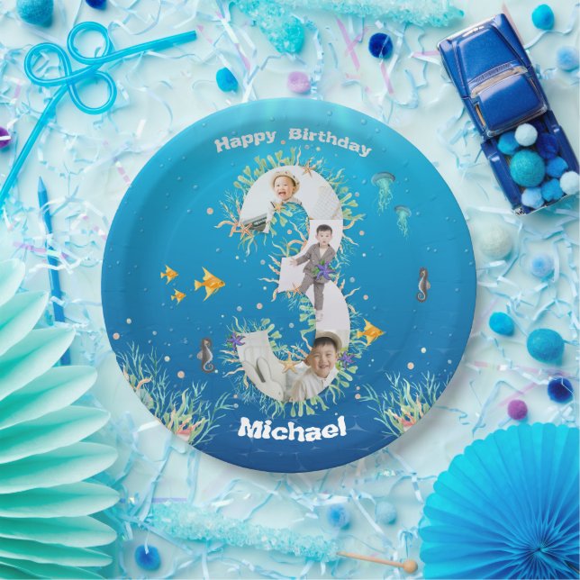 Big 3rd Birthday Photo Collage Under The Sea Paper Plate (Party)