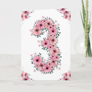 Big 3rd Birthday Pink Flowers Green Foliage Girl Card