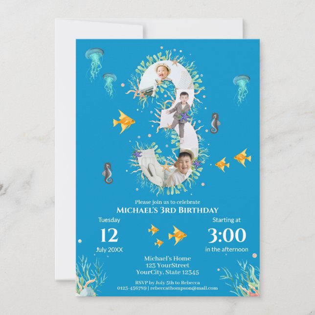 Big 3rd Photo Collage Birthday Under The Sea Invitation (Front)