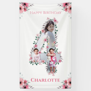 Big 4th Birthday Girl Photo Collage Pink Flower Banner