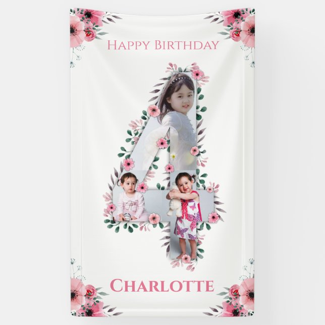 Big 4th Birthday Girl Photo Collage Pink Flower Banner (Vertical)
