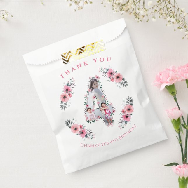 Big 4th Birthday Girl Photo Collage Pink Flower Favour Bag (Sealed)