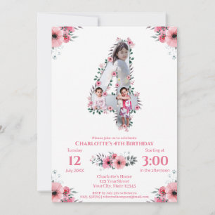 Big 4th Birthday Girl Photo Collage Pink Flower Invitation