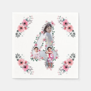 Big 4th Birthday Girl Photo Collage Pink Flower Napkin