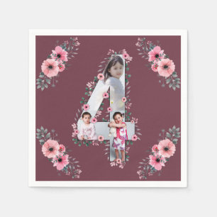 Big 4th Birthday Girl Photo Collage Pink Flower Napkin
