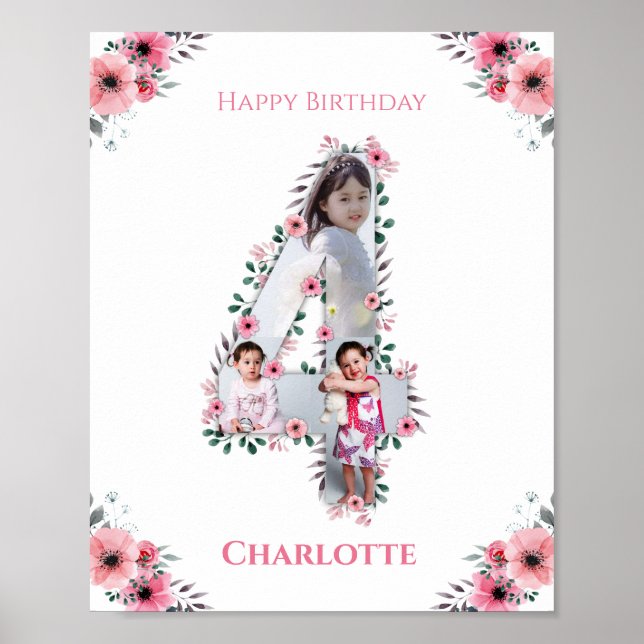 Big 4th Birthday Girl Photo Collage Pink Flower Poster (Front)