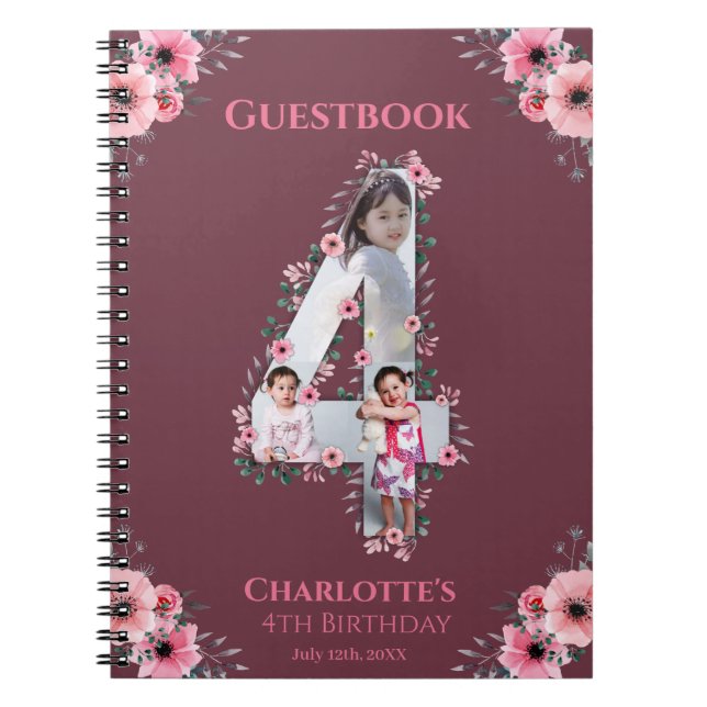 Big 4th Birthday Girl Photo Pink Flower Guest Book (Front)